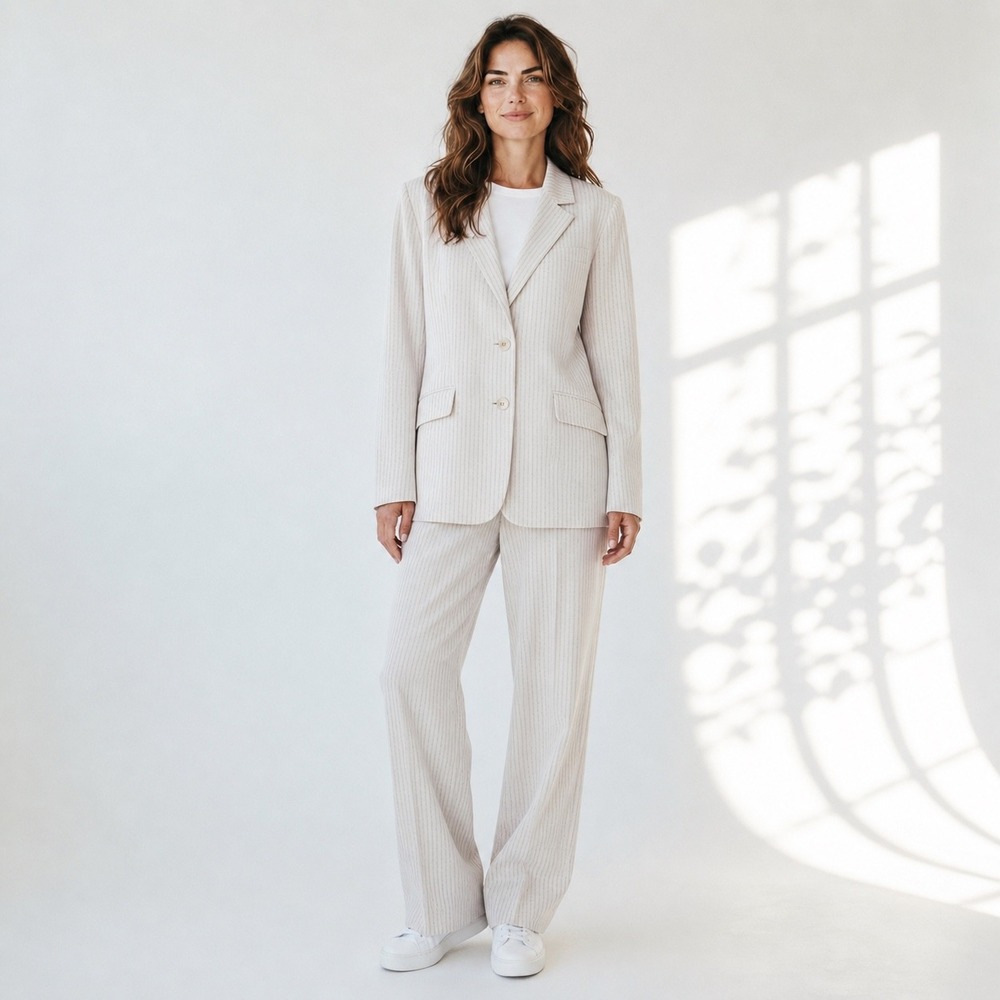 Minimalist Vintage Pant Suit Set 14 Cream Ivory Pinstripe 90s Workwear Soft